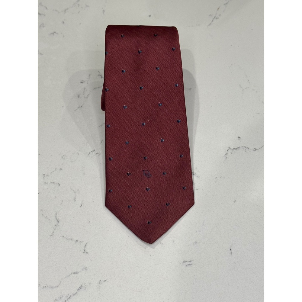 Christian Dior Mens Burgundy Herringbone Pindot Silk Blend Tie Made in USA